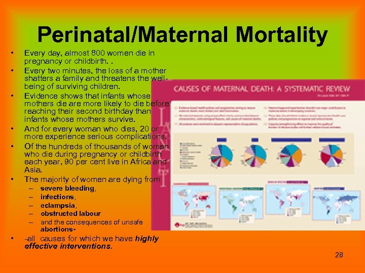 Perinatal/Maternal Mortality • • • Every day, almost 800 women die in pregnancy or