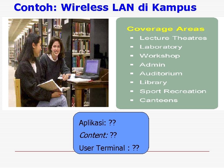 Contoh: Wireless LAN di Kampus Aplikasi: ? ? Content: ? ? User Terminal :