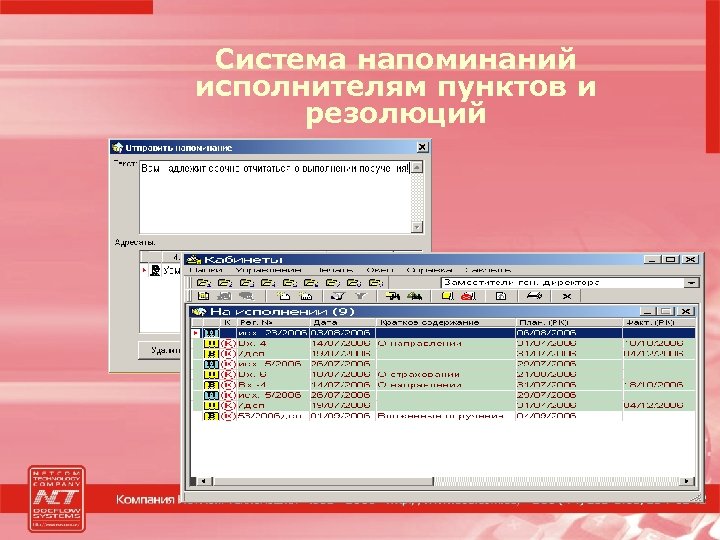 Система напоминаний исполнителям пунктов и резолюций 