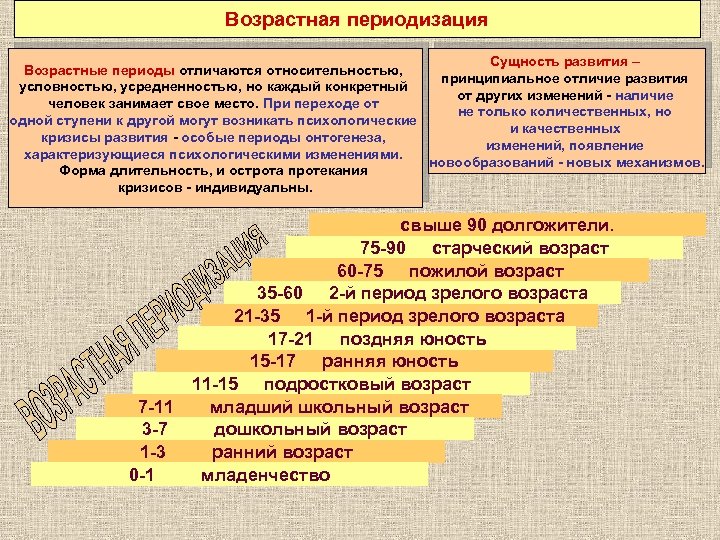 Возрастная периодизация Сущность развития – Возрастные периоды отличаются относительностью, принципиальное отличие развития условностью, усредненностью,