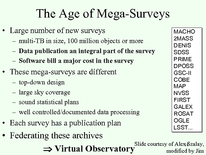 The Age of Mega-Surveys • Large number of new surveys – multi-TB in size,