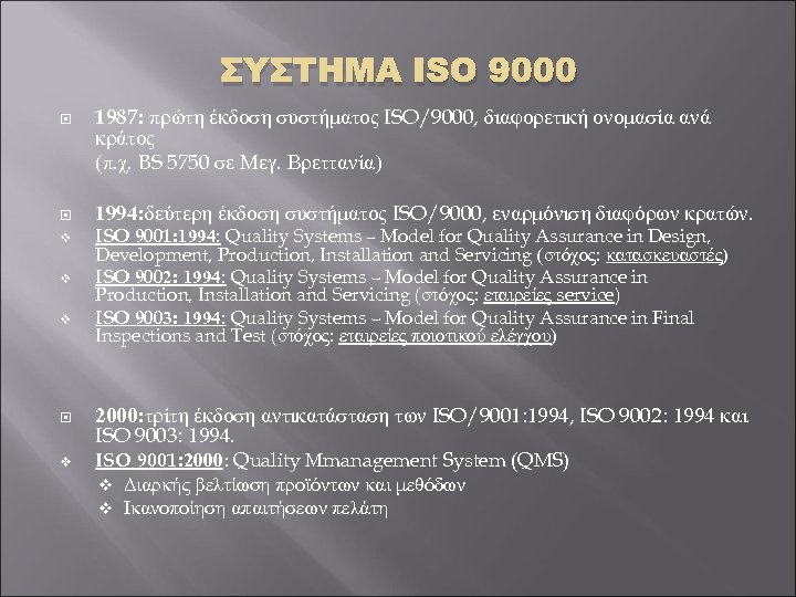 ΣΥΣΤΗΜΑ ISO 9000 v v v v 1987: πρώτη έκδοση συστήματος ISO/9000, διαφορετική ονομασία
