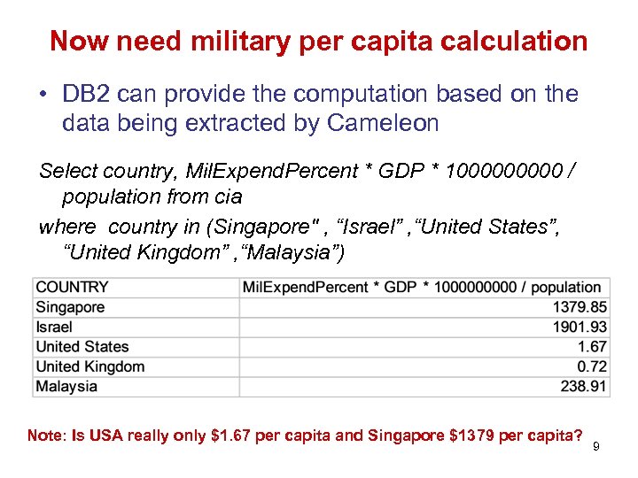 Now need military per capita calculation • DB 2 can provide the computation based