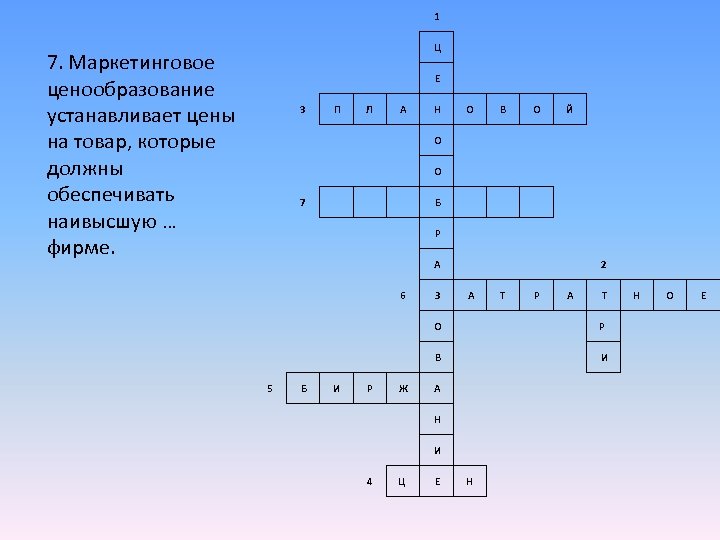 1 Ц 7. Маркетинговое ценообразование устанавливает цены на товар, которые должны обеспечивать наивысшую …