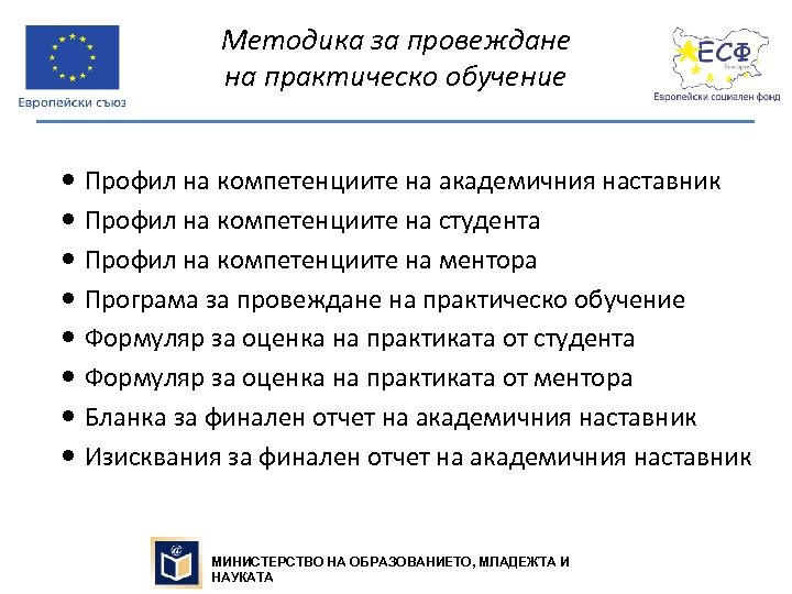 Методика за провеждане на практическо обучение Профил на компетенциите на академичния наставник Профил на