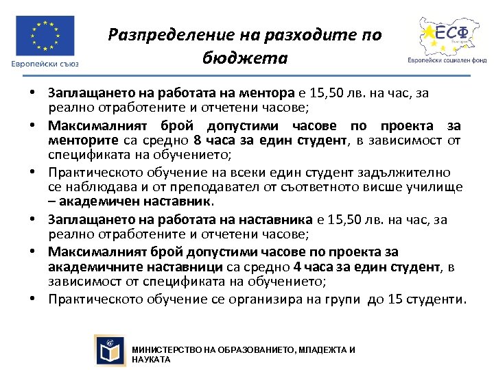 Разпределение на разходите по бюджета • Заплащането на работата на ментора е 15, 50