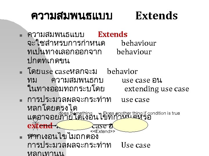 ความสมพนธแบบ n n Extends ความสมพนธแบบ Extends จะใชสำหรบการกำหนด behaviour ทเปนทางเลอกออกจาก behaviour ปกตทเกดขน โดย use caseหลกจะม