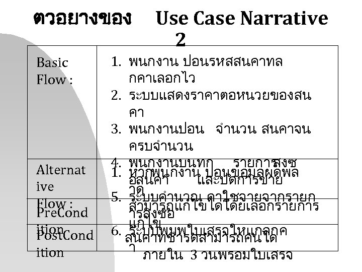 ตวอยางของ Basic Flow : Alternat ive Flow : Pre. Cond ition Post. Cond ition