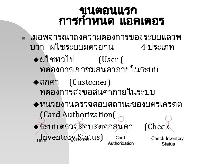 ขนตอนแรก การกำหนด แอคเตอร n เมอพจารณาถงความตองการของระบบแลวพ บวา ผใชระบบมดวยกน 4 ประเภท u ผใชทวไป (User ( ทตองการเขาชมสนคาภายในระบบ