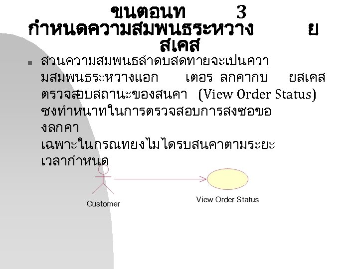 ขนตอนท 3 กำหนดความสมพนธระหวาง สเคส n ย สวนความสมพนธลำดบสดทายจะเปนควา มสมพนธระหวางแอก เตอร ลกคากบ ยสเคส ตรวจส อบสถานะของสนคา (View