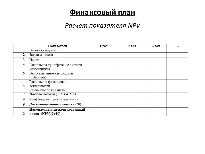 Финансовый план Расчет показателя NPV 