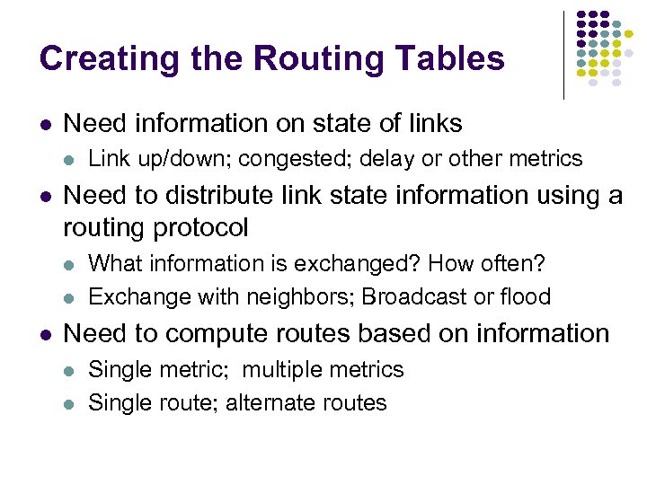 Creating the Routing Tables Need information on state of links Need to distribute link