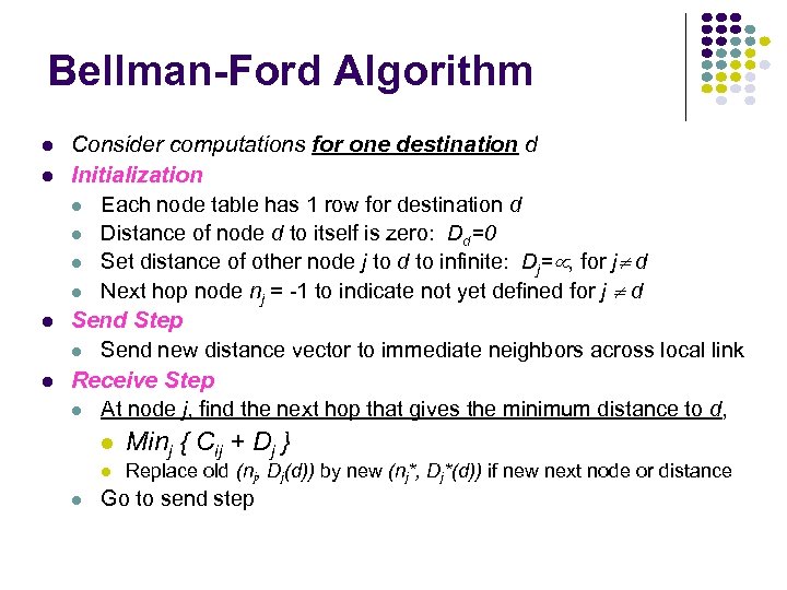 Bellman-Ford Algorithm Consider computations for one destination d Initialization Each node table has 1
