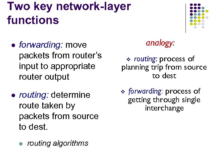 Two key network-layer functions forwarding: move packets from router’s input to appropriate router output