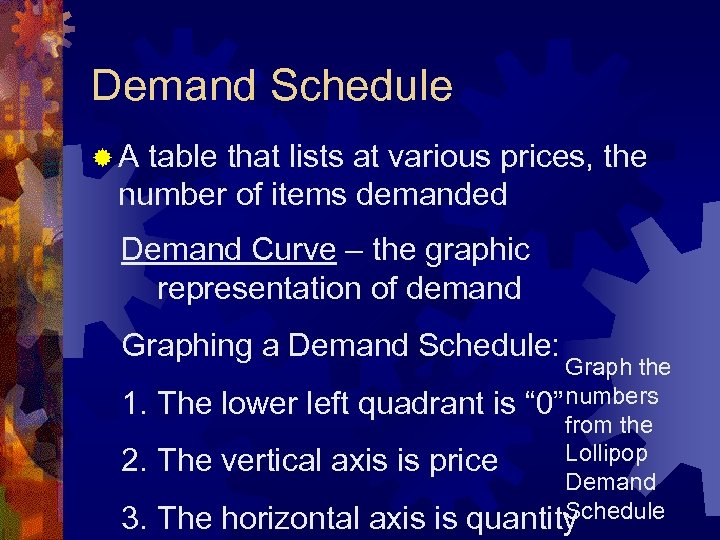 Demand Schedule ®A table that lists at various prices, the number of items demanded