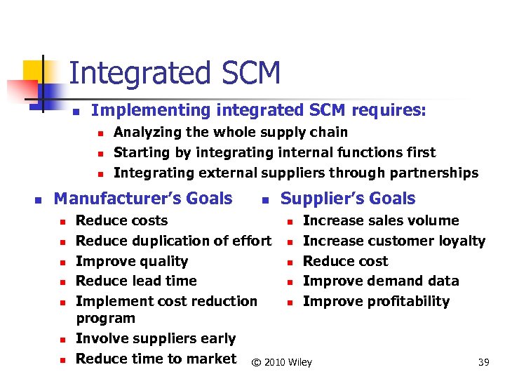 Integrated SCM n Implementing integrated SCM requires: n n Analyzing the whole supply chain