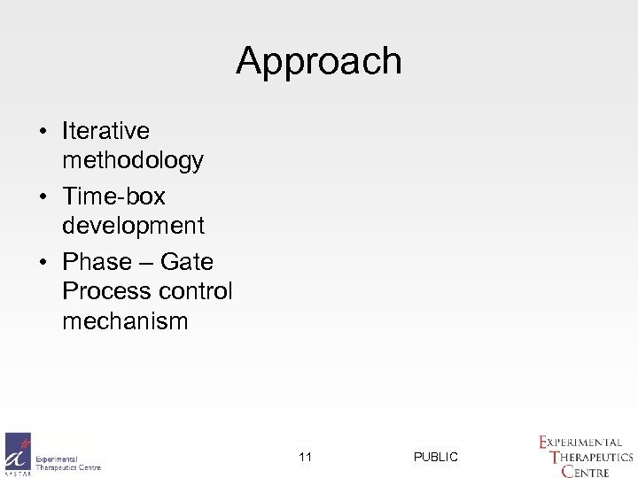 Approach • Iterative methodology • Time-box development • Phase – Gate Process control mechanism