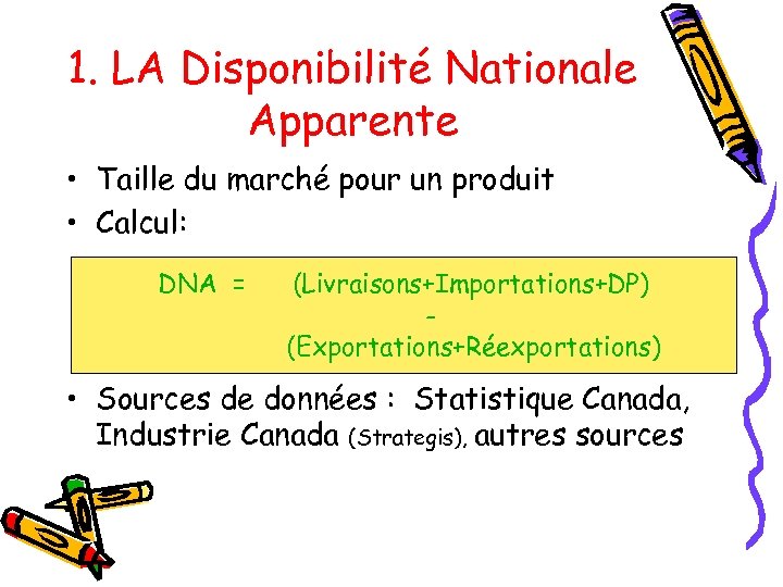 1. LA Disponibilité Nationale Apparente • Taille du marché pour un produit • Calcul: