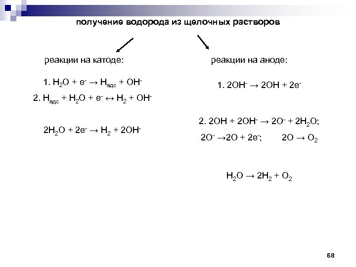 получение водорода из щелочных растворов реакции на катоде: 1. H 2 O + e-