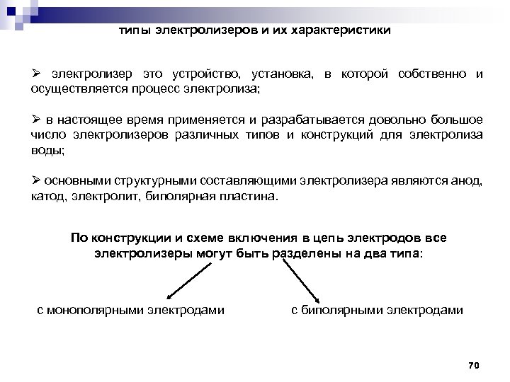 типы электролизеров и их характеристики Ø электролизер это устройство, установка, в которой собственно и