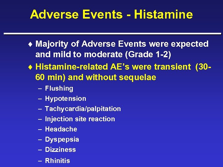 Adverse Events - Histamine ¨ Majority of Adverse Events were expected and mild to