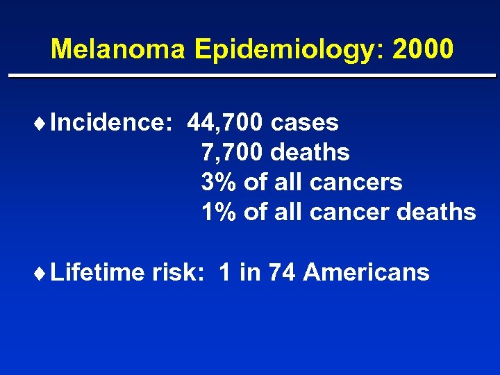 Melanoma Epidemiology: 2000 ¨Incidence: 44, 700 cases 7, 700 deaths 3% of all cancers