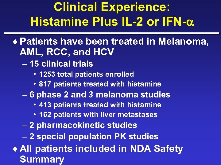 Clinical Experience: Histamine Plus IL-2 or IFN- ¨ Patients have been treated in Melanoma,