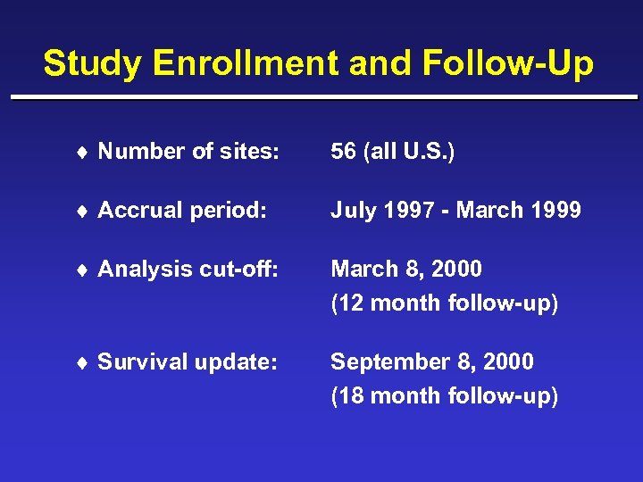 Study Enrollment and Follow-Up ¨ Number of sites: 56 (all U. S. ) ¨