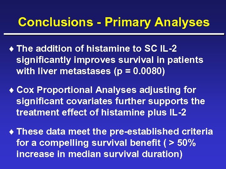 Conclusions - Primary Analyses ¨ The addition of histamine to SC IL-2 significantly improves