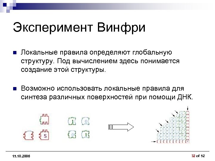 Эксперимент Винфри n Локальные правила определяют глобальную структуру. Под вычислением здесь понимается создание этой