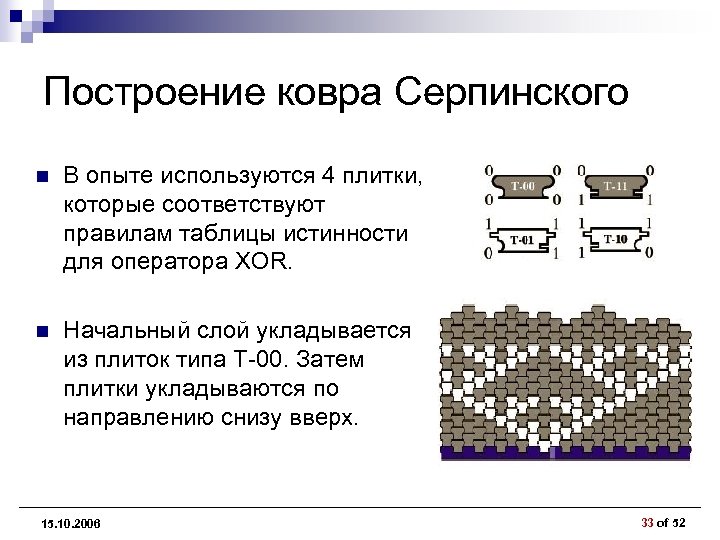 Построение ковра Серпинского n В опыте используются 4 плитки, которые соответствуют правилам таблицы истинности