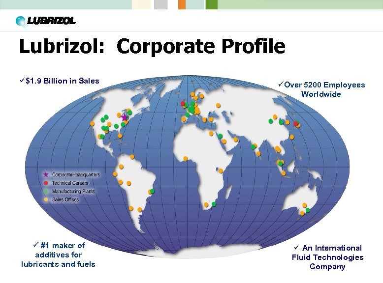 Lubrizol: Corporate Profile ü$1. 9 Billion in Sales ü #1 maker of additives for