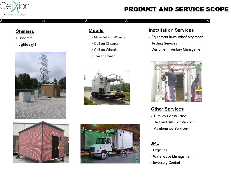 PRODUCT AND SERVICE SCOPE 12 Shelters Mobile Installation Services Concrete Mini-Cell on Wheels Equipment