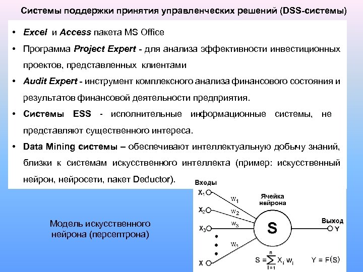 Системы поддержки принятия управленческих решений (DSS-системы) • Excel и Access пакета MS Office •