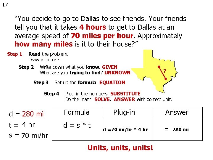 17 “You decide to go to Dallas to see friends. Your friends tell you