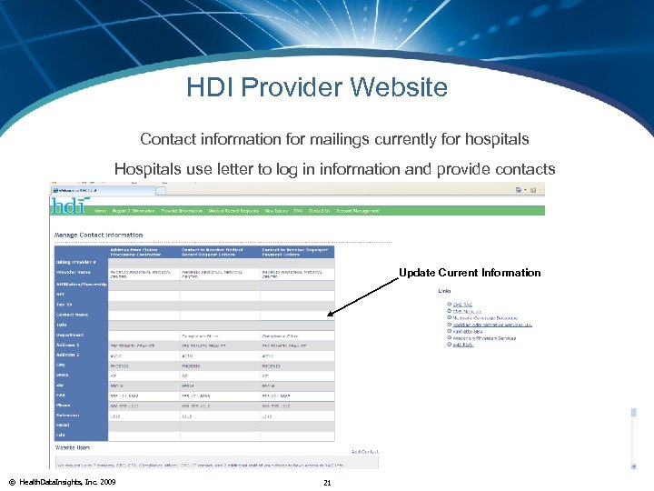 HDI Provider Website Contact information for mailings currently for hospitals Hospitals use letter to