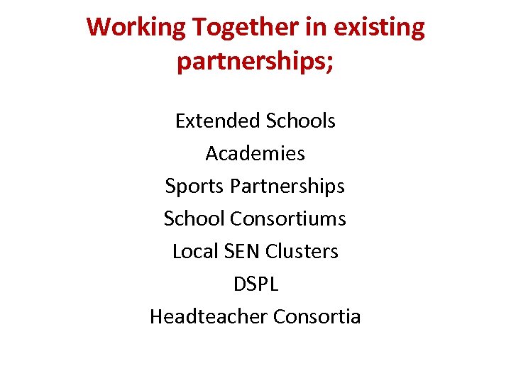 Working Together in existing partnerships; Extended Schools Academies Sports Partnerships School Consortiums Local SEN