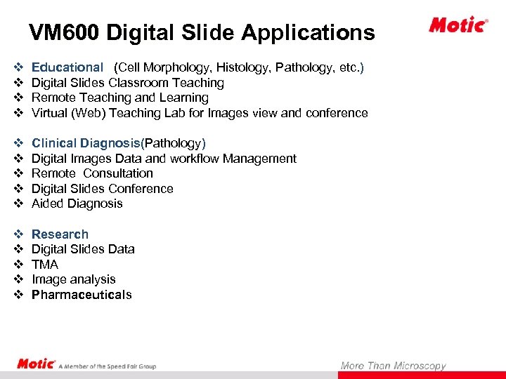 VM 600 Digital Slide Applications v v Educational (Cell Morphology, Histology, Pathology, etc. )