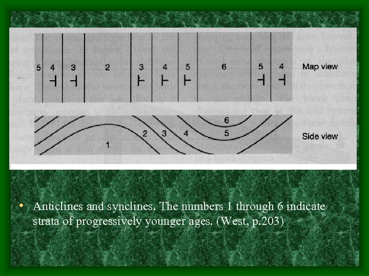  • Anticlines and synclines. The numbers 1 through 6 indicate strata of progressively