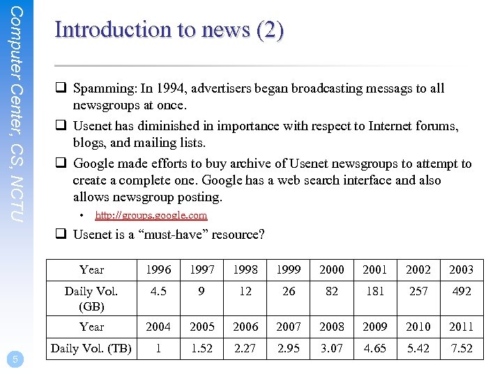 Computer Center, CS, NCTU Introduction to news (2) q Spamming: In 1994, advertisers began