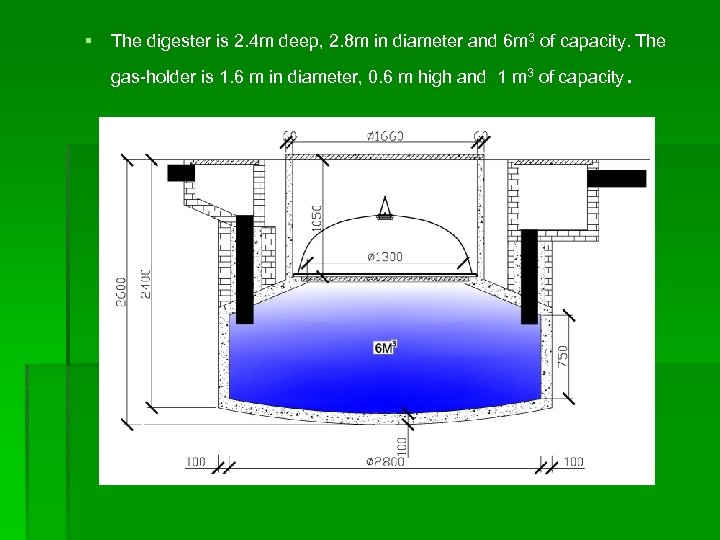 § The digester is 2. 4 m deep, 2. 8 m in diameter and