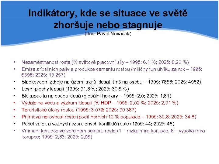 Indikátory, kde se situace ve světě zhoršuje nebo stagnuje (doc. Pavel Nováček) • •