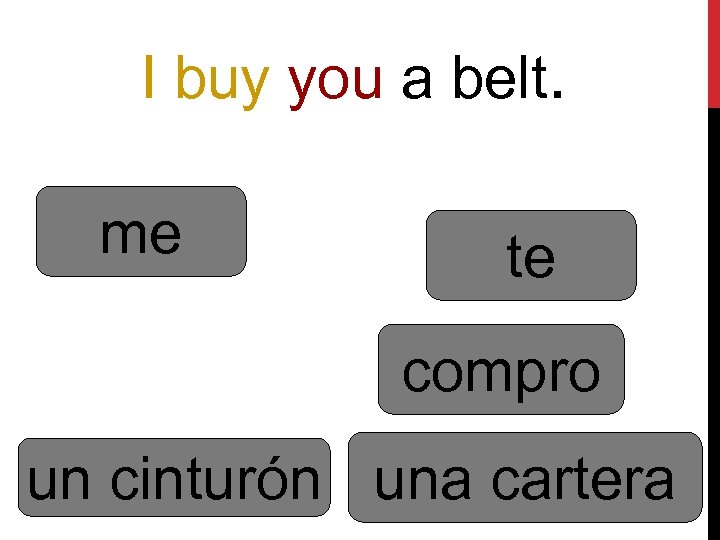 I buy you a belt. me te compro un cinturón una cartera 