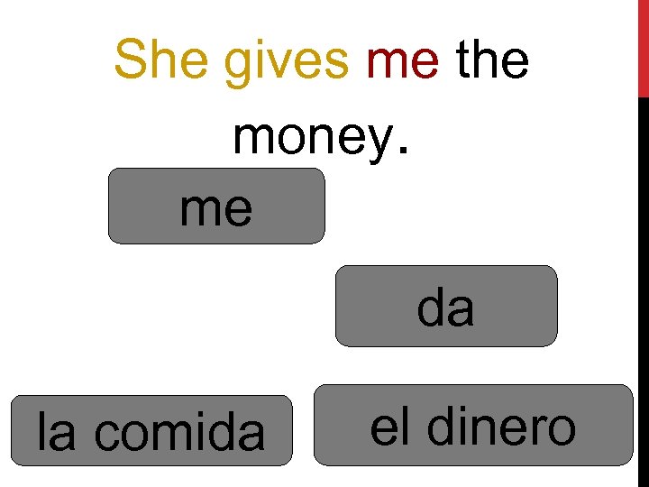 She gives me the money. me da la comida el dinero 