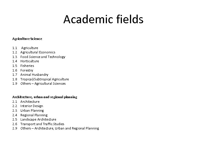 Academic fields Agriculture Science 1. 1 1. 2 1. 3 1. 4 1. 5