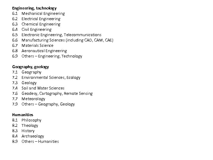 Engineering, technology 6. 1 Mechanical Engineering 6. 2 Electrical Engineering 6. 3 Chemical Engineering