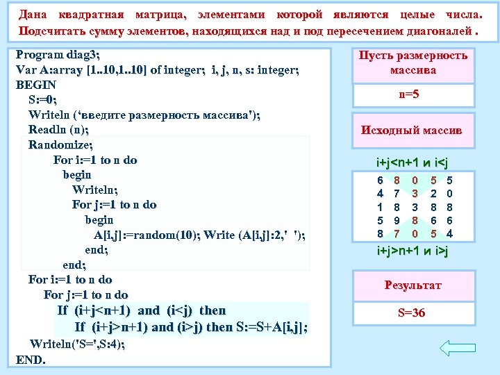 Поменять местами массивы паскаль. Одномерный и двумерный массив. Найти сумму элементов одномерного массива. Элементы массива на побочной диагонали. Подсчет количества элементов в массиве.