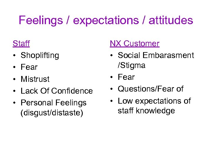 Feelings / expectations / attitudes Staff • Shoplifting • Fear • Mistrust • Lack