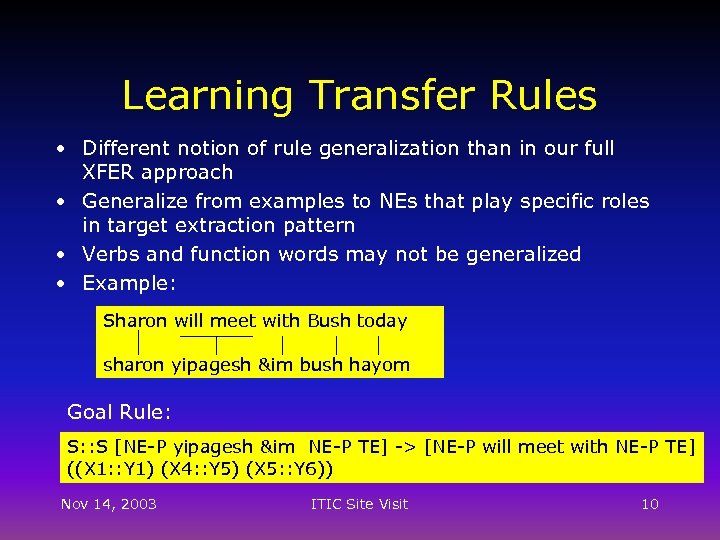 Learning Transfer Rules • Different notion of rule generalization than in our full XFER