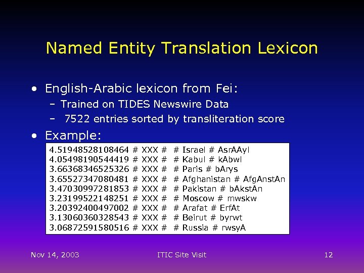 Named Entity Translation Lexicon • English-Arabic lexicon from Fei: – Trained on TIDES Newswire